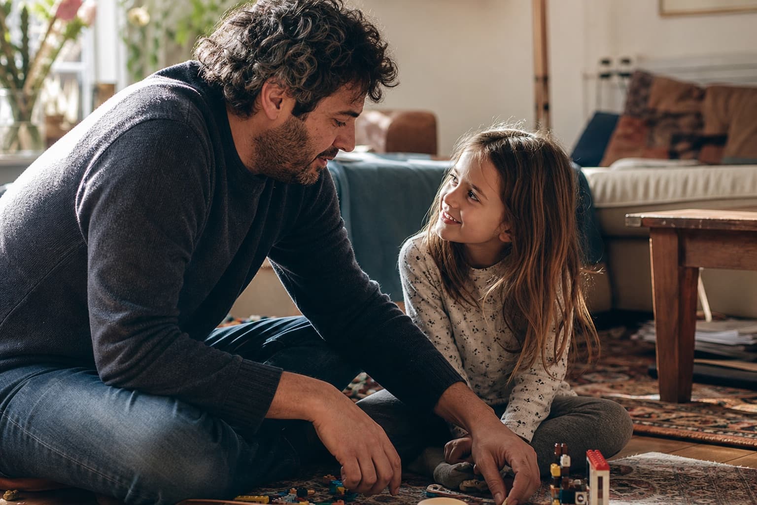 A parent and young child sitting together on the floor, playing calmly in a sunlit living room