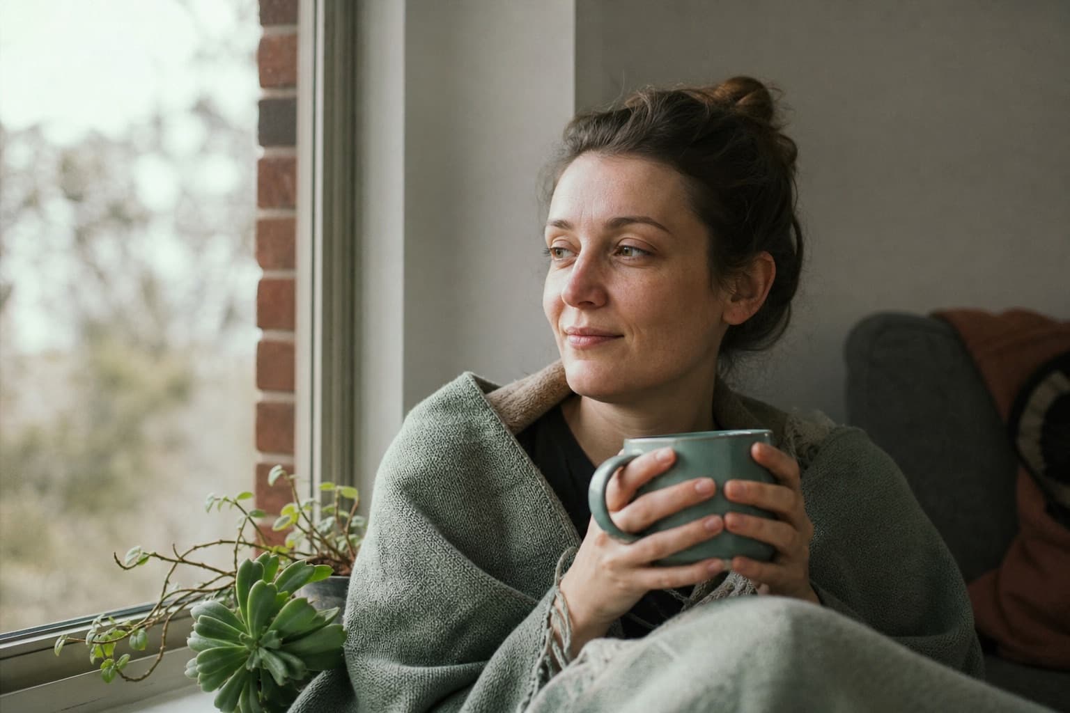 A person resting calmly by a sunlit window, wrapped in a blanket with a warm mug