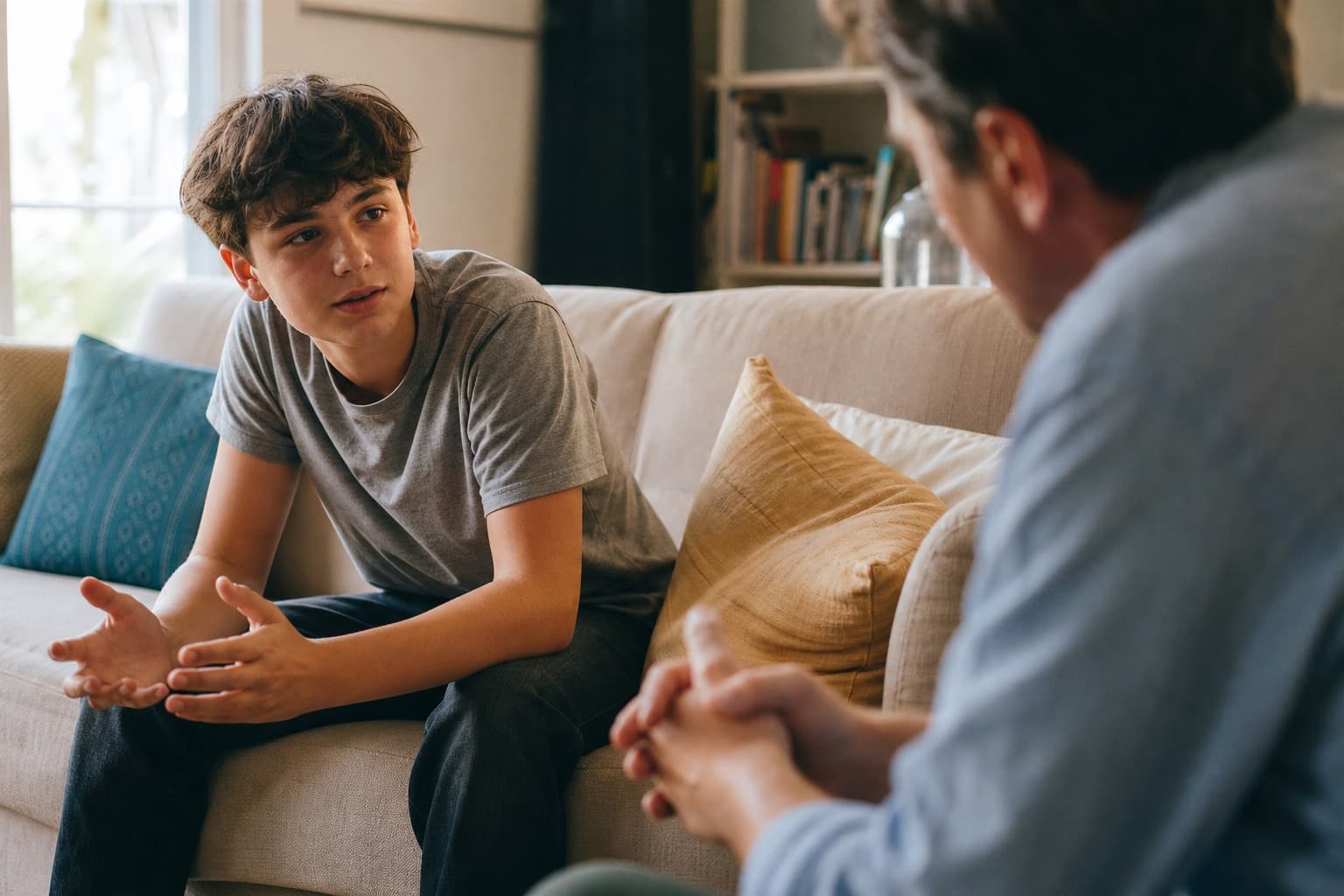 A teenager talking openly with an attentive adult on a couch in a warm living room