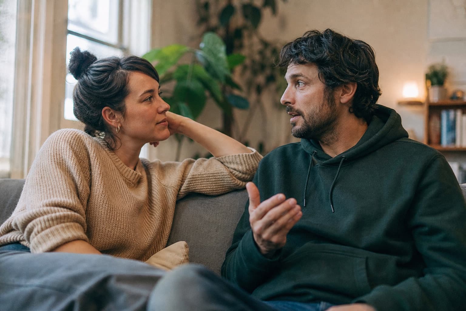 A couple sitting close on a couch having an open, gentle conversation in a warm living room