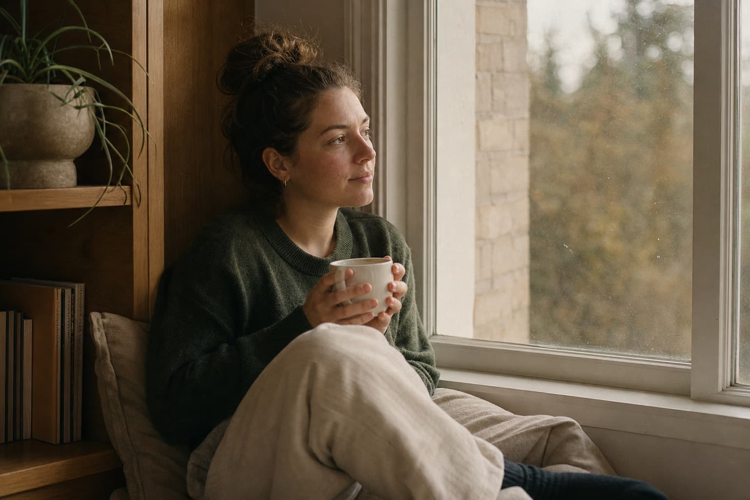 A young adult sitting peacefully by a window with a warm cup of tea in soft morning light